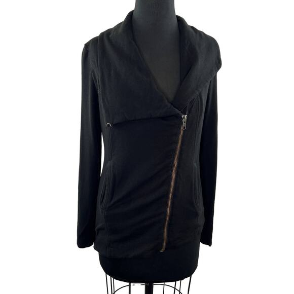 HELMUT LANG Black Asymmetric Zip Moto Jacket Sweatshirt Shawl Collar Pockets M - Picture 1 of 8